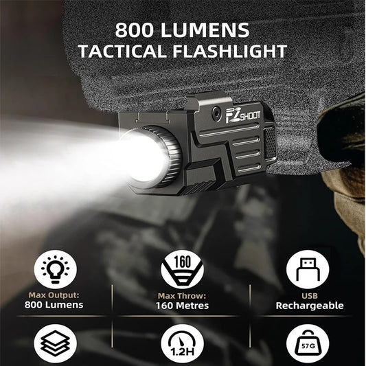 EZshoot Tactical Flashlight 800 Lumens LED Light Compatible with Pistol Picatinny and GL Rails USB Rechargeable Strobe Mode