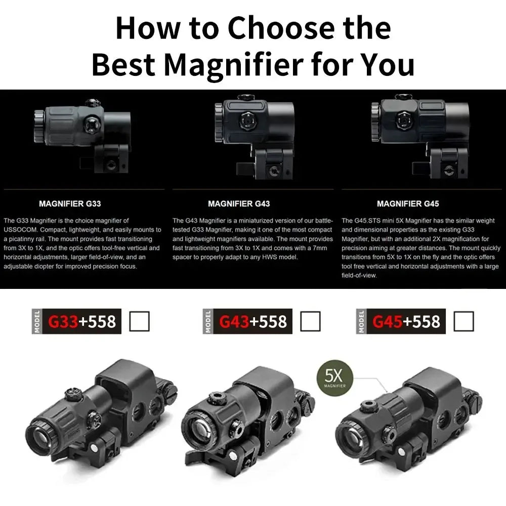 558+G43 Holographic Collimator Sight 558+G33/G45 Red Dot Optic Sight Tactical Hunting Gear W/20mm Rail Mounts&Quick Detach Lever