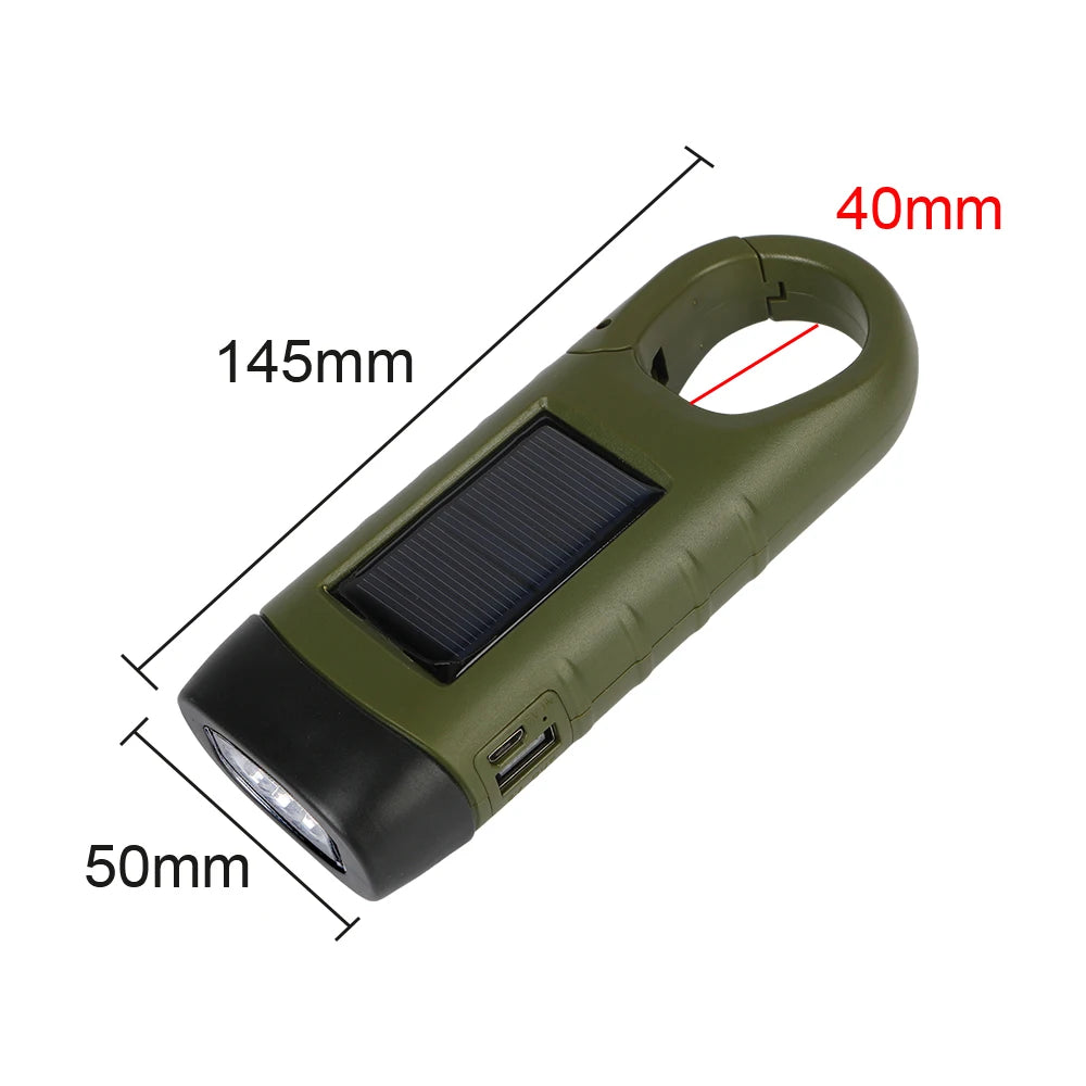 LED Flashlight Hand Crank Solar Powered Rechargeable Survival Gear Self Powered Charging Torch Dynamo for Fishing Boating Hiking