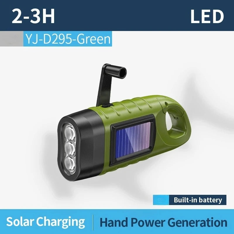 LED Flashlight Hand Crank Solar Powered Rechargeable Survival Gear Self Powered Charging Torch Dynamo for Fishing Boating Hiking