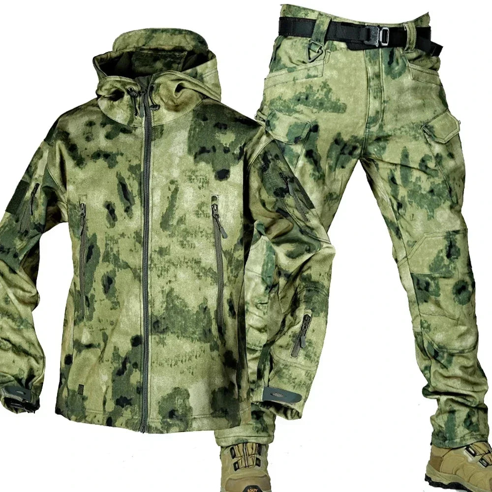 （Not A Set） RU Camo Waterproof and Warm Men's Winter Soft Shell Special Tactical Hooded Jacket Multi Pocket Tactical Pants
