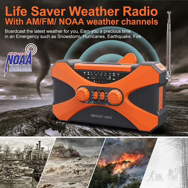 Portable 10000mAh charger High Capacity Emergency Radio Solar Hand Crank LED Flashlight/Reading Light/SOS Alarm Survival Tool