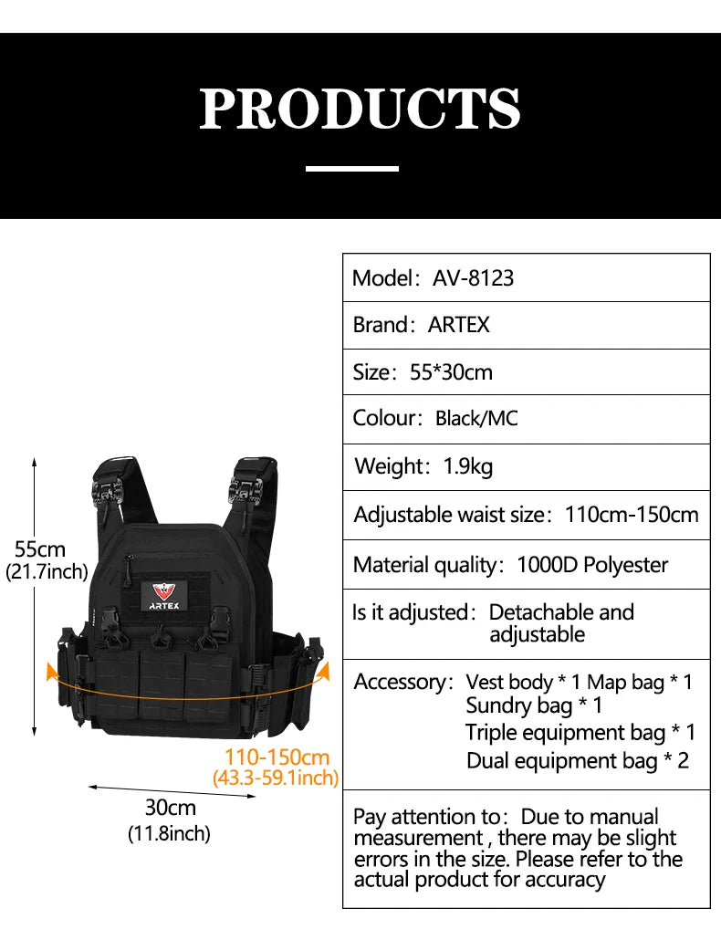 Artex New combat vest 6094 quick detachable light laser cut tactical vest black gear to carry airsoft carrier combat equipment