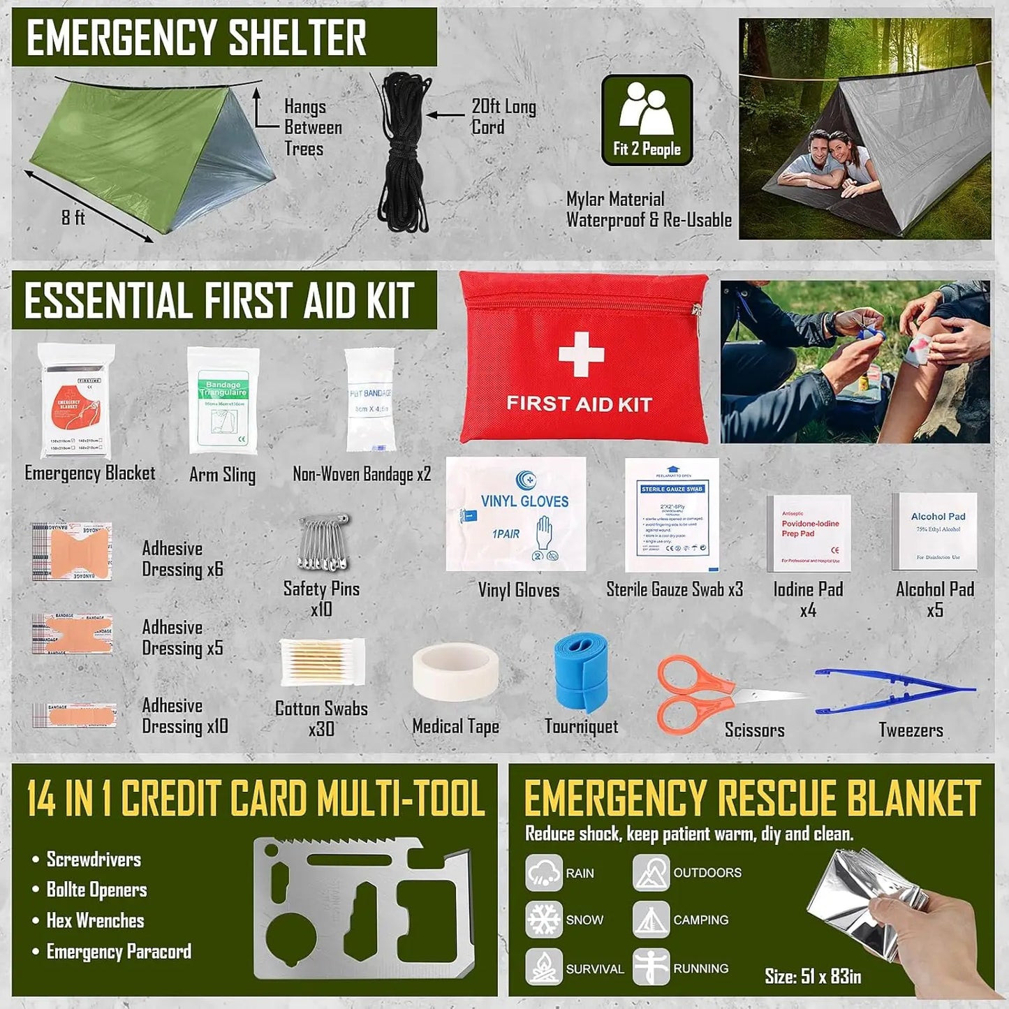 268-Piece Emergency Survival Kit with First Aid, Camping Axe, Headlamp & Crossbody Bag for Outdoor Adventures