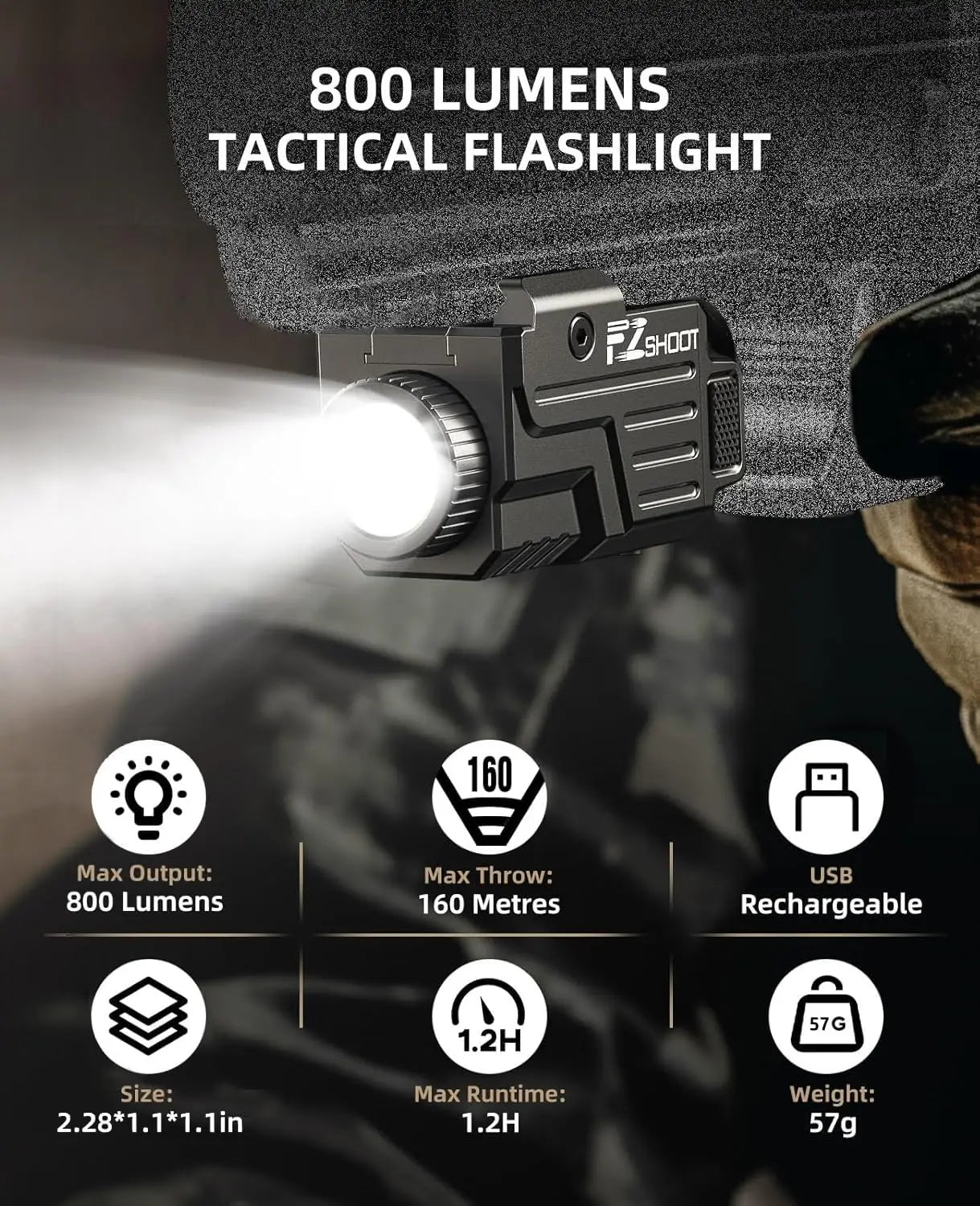 EZshoot Tactical Flashlight 800 Lumens LED Light Compatible with Pistol Picatinny and GL Rails USB Rechargeable Strobe Mode