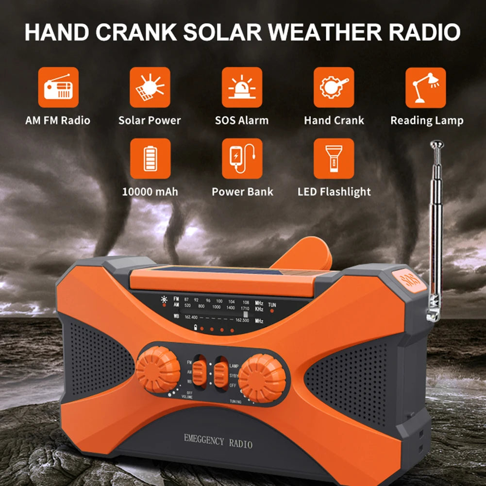 Portable 10000mAh charger High Capacity Emergency Radio Solar Hand Crank LED Flashlight/Reading Light/SOS Alarm Survival Tool