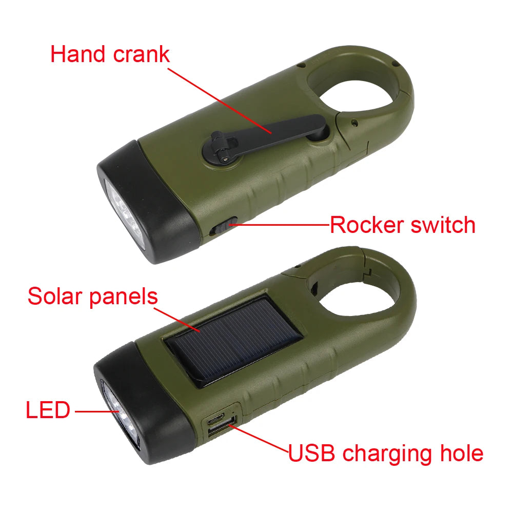 LED Flashlight Hand Crank Solar Powered Rechargeable Survival Gear Self Powered Charging Torch Dynamo for Fishing Boating Hiking