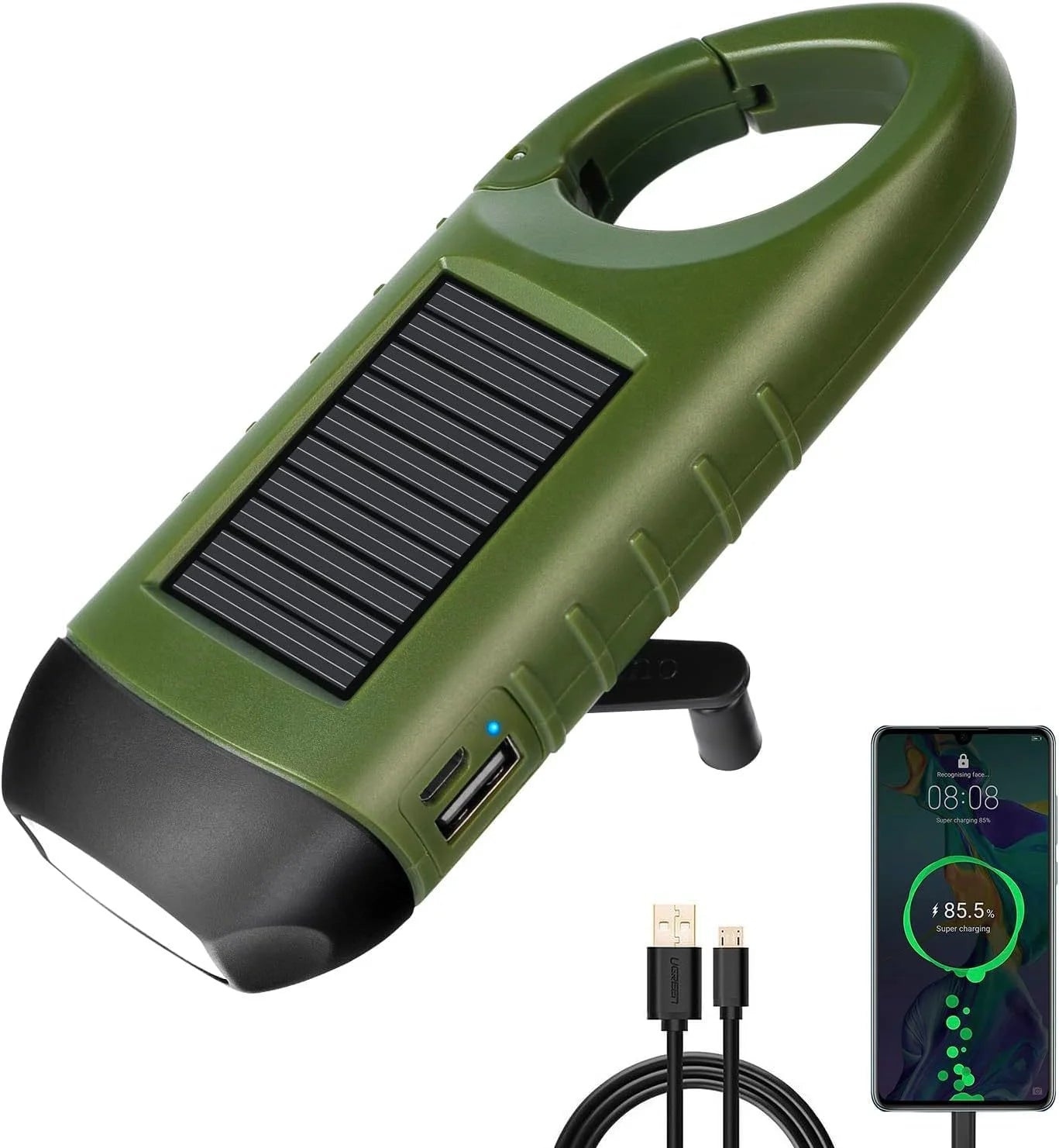 LED Flashlight Hand Crank Solar Powered Rechargeable Survival Gear Self Powered Charging Torch Dynamo for Fishing Boating Hiking