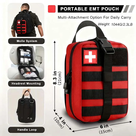 379pcs Home Office First Aid Kit Portable Emergency Bag, Red Survival Carry-On for Outdoor Activities, Camping, Hunting, Hiking