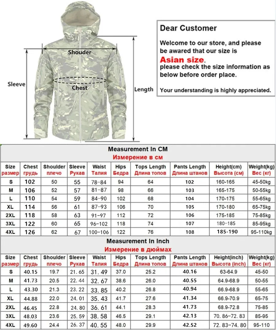 （Not A Set） RU Camo Waterproof and Warm Men's Winter Soft Shell Special Tactical Hooded Jacket Multi Pocket Tactical Pants