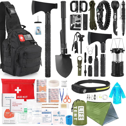 268-Piece Emergency Survival Kit with First Aid, Camping Axe, Headlamp & Crossbody Bag for Outdoor Adventures