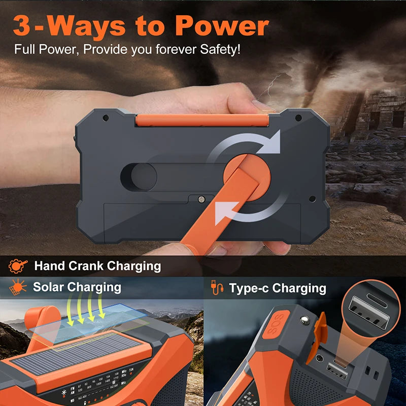 Portable 10000mAh charger High Capacity Emergency Radio Solar Hand Crank LED Flashlight/Reading Light/SOS Alarm Survival Tool
