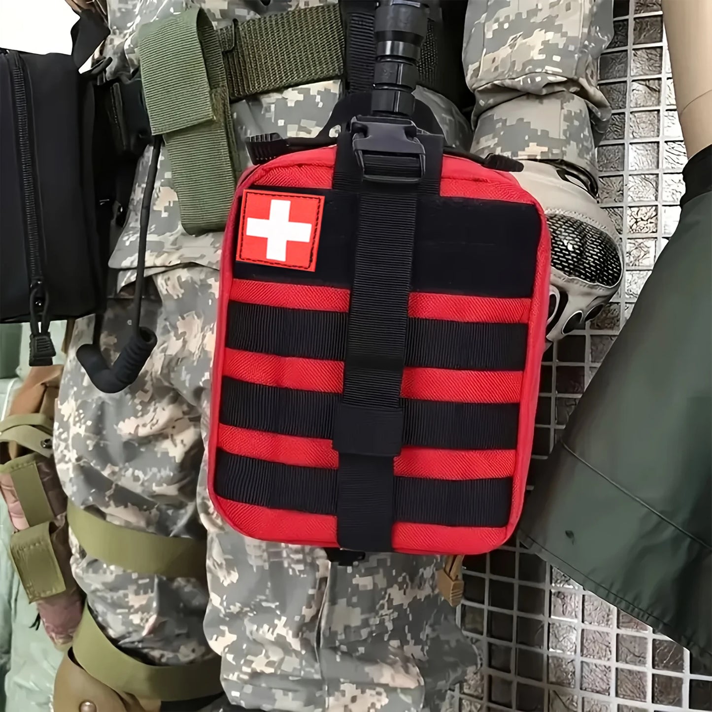 379pcs Home Office First Aid Kit Portable Emergency Bag, Red Survival Carry-On for Outdoor Activities, Camping, Hunting, Hiking